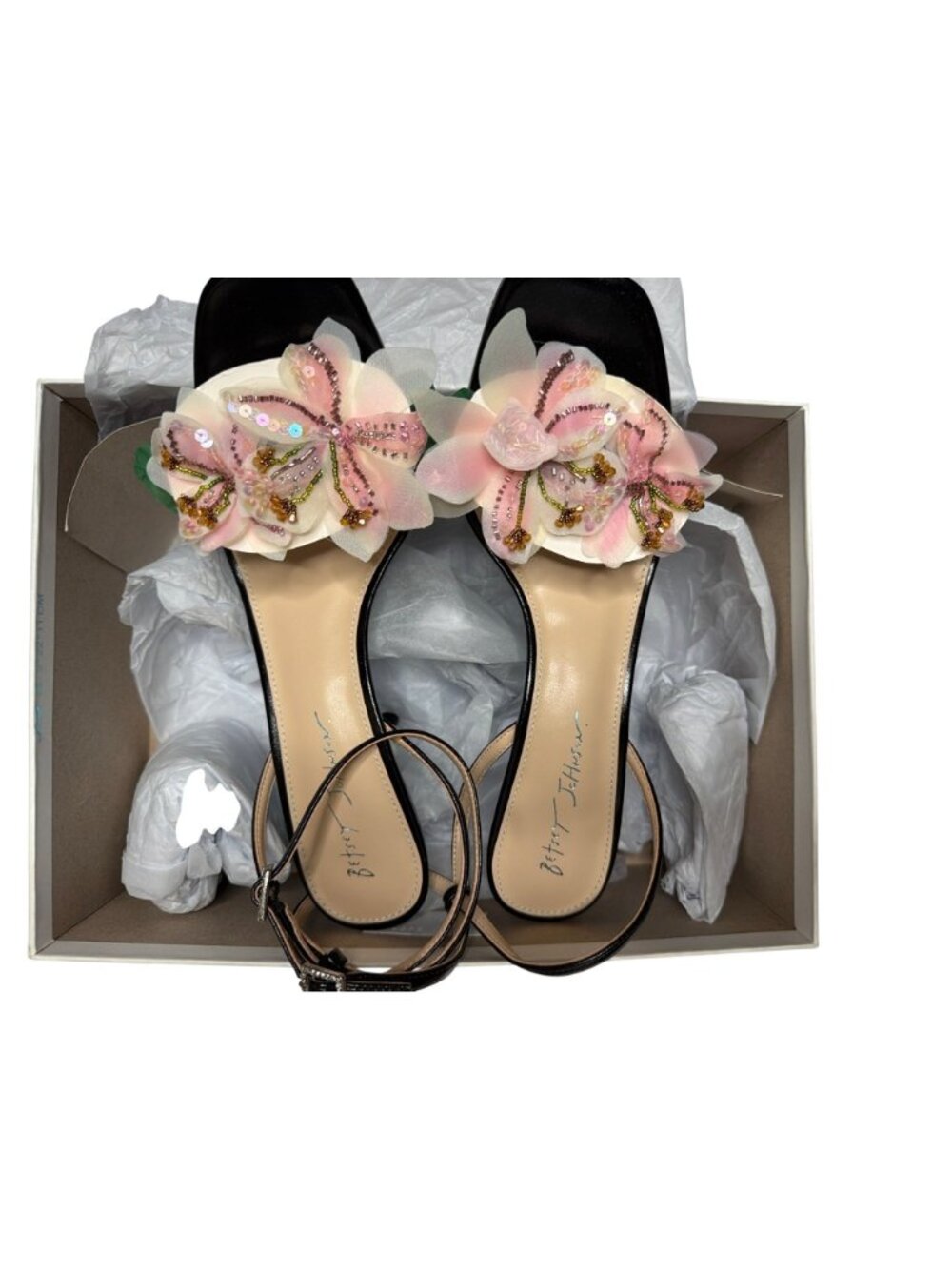 NWB Betsey Johnson Kasie Floral Imitation Pearl Heel Dress Sandals Black Size 11 - Picture 10 of 10